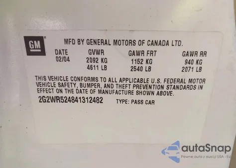 2004 Pontiac Grand Prix Gtp z USA, uszkodzony, nr VIN 2G2WR524841312482